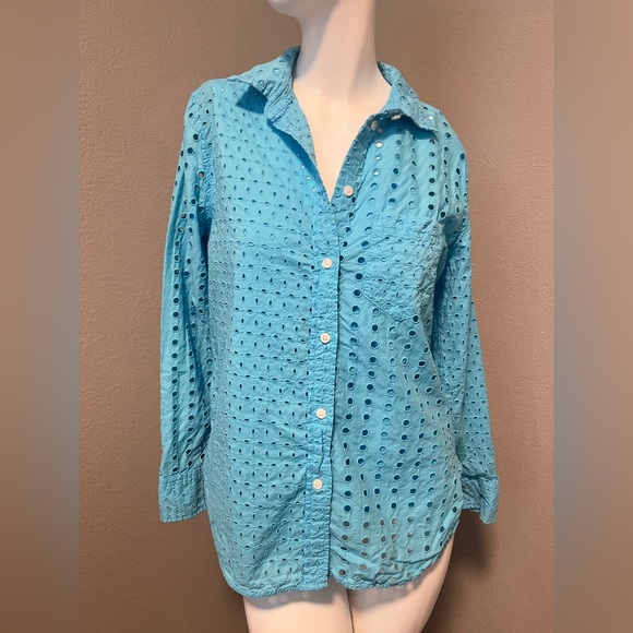J. Crew Tops - J. CREW Women’s Turquoise Eyelet LS  Button-Down Top Shirt Size M